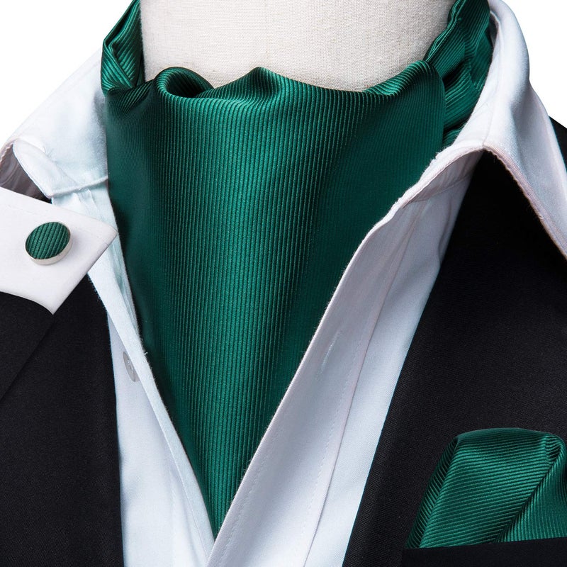 Dubulle Dark Green Ascot for Men Mens Solid Self Tie Cravat and Pocket Square Cufflinks Set Formal Wedding - Image 3
